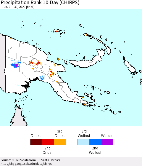 Papua New Guinea Precipitation Rank since 1981, 10-Day (CHIRPS) Thematic Map For 6/21/2020 - 6/30/2020