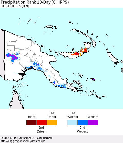 Papua New Guinea Precipitation Rank since 1981, 10-Day (CHIRPS) Thematic Map For 7/21/2020 - 7/31/2020