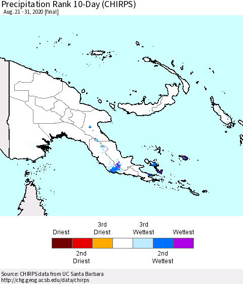 Papua New Guinea Precipitation Rank since 1981, 10-Day (CHIRPS) Thematic Map For 8/21/2020 - 8/31/2020