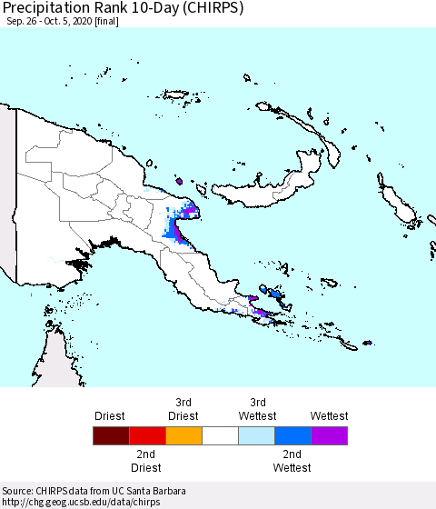 Papua New Guinea Precipitation Rank since 1981, 10-Day (CHIRPS) Thematic Map For 9/26/2020 - 10/5/2020