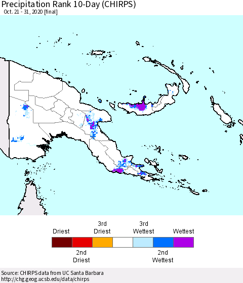 Papua New Guinea Precipitation Rank since 1981, 10-Day (CHIRPS) Thematic Map For 10/21/2020 - 10/31/2020