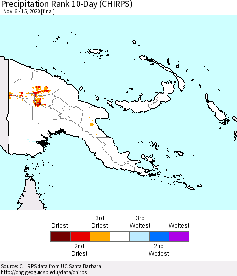 Papua New Guinea Precipitation Rank since 1981, 10-Day (CHIRPS) Thematic Map For 11/6/2020 - 11/15/2020