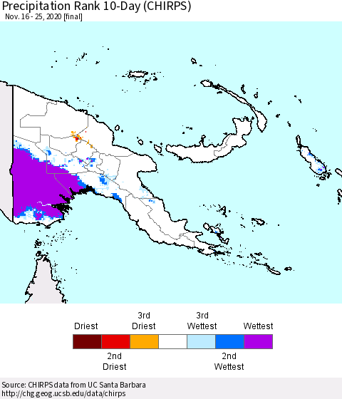 Papua New Guinea Precipitation Rank since 1981, 10-Day (CHIRPS) Thematic Map For 11/16/2020 - 11/25/2020