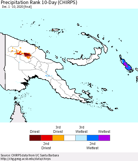 Papua New Guinea Precipitation Rank since 1981, 10-Day (CHIRPS) Thematic Map For 12/1/2020 - 12/10/2020