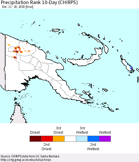 Papua New Guinea Precipitation Rank since 1981, 10-Day (CHIRPS) Thematic Map For 12/11/2020 - 12/20/2020