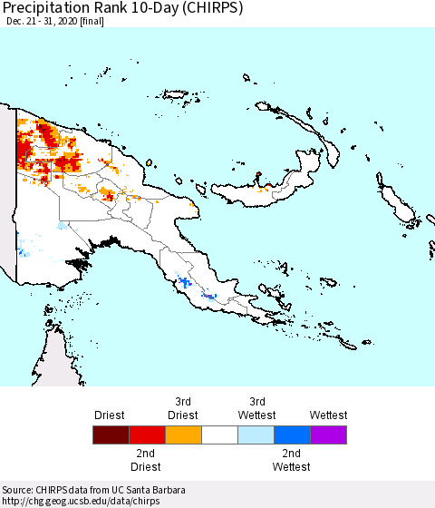 Papua New Guinea Precipitation Rank since 1981, 10-Day (CHIRPS) Thematic Map For 12/21/2020 - 12/31/2020