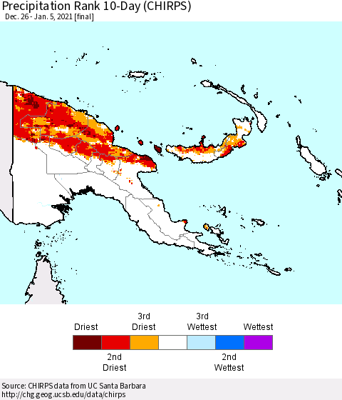 Papua New Guinea Precipitation Rank since 1981, 10-Day (CHIRPS) Thematic Map For 12/26/2020 - 1/5/2021