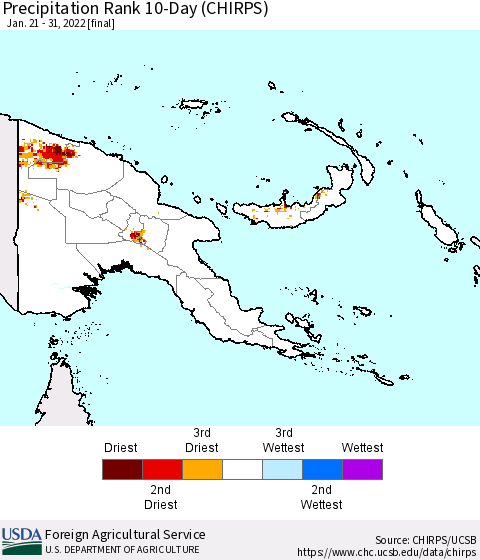 Papua New Guinea Precipitation Rank since 1981, 10-Day (CHIRPS) Thematic Map For 1/21/2022 - 1/31/2022