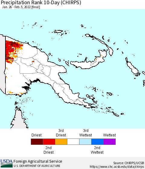 Papua New Guinea Precipitation Rank since 1981, 10-Day (CHIRPS) Thematic Map For 1/26/2022 - 2/5/2022