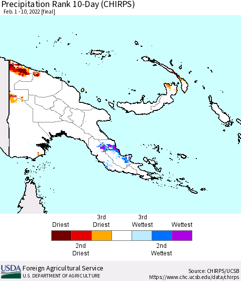 Papua New Guinea Precipitation Rank since 1981, 10-Day (CHIRPS) Thematic Map For 2/1/2022 - 2/10/2022