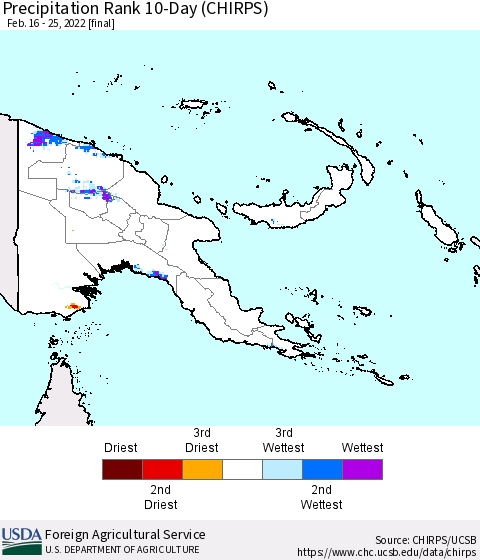 Papua New Guinea Precipitation Rank since 1981, 10-Day (CHIRPS) Thematic Map For 2/16/2022 - 2/25/2022