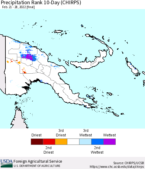 Papua New Guinea Precipitation Rank since 1981, 10-Day (CHIRPS) Thematic Map For 2/21/2022 - 2/28/2022