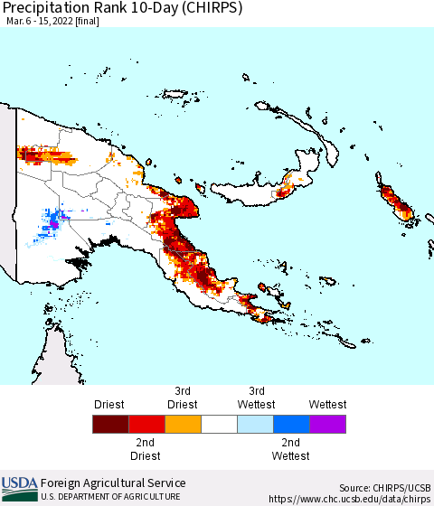 Papua New Guinea Precipitation Rank since 1981, 10-Day (CHIRPS) Thematic Map For 3/6/2022 - 3/15/2022