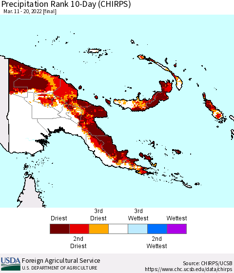 Papua New Guinea Precipitation Rank since 1981, 10-Day (CHIRPS) Thematic Map For 3/11/2022 - 3/20/2022
