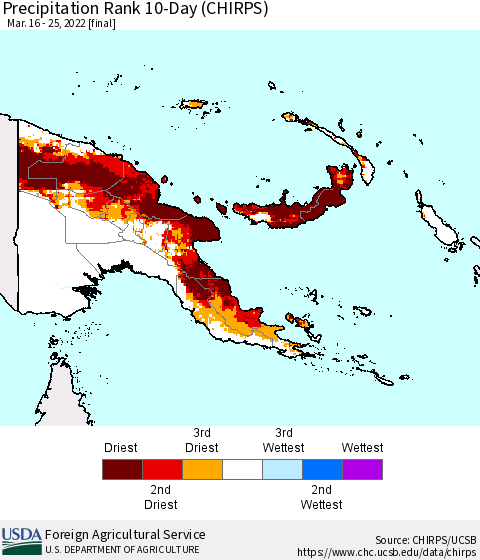 Papua New Guinea Precipitation Rank since 1981, 10-Day (CHIRPS) Thematic Map For 3/16/2022 - 3/25/2022