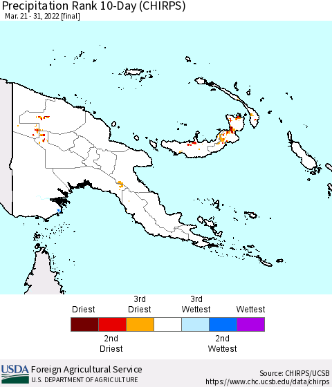 Papua New Guinea Precipitation Rank since 1981, 10-Day (CHIRPS) Thematic Map For 3/21/2022 - 3/31/2022