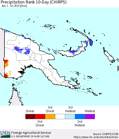 Papua New Guinea Precipitation Rank since 1981, 10-Day (CHIRPS) Thematic Map For 4/1/2022 - 4/10/2022
