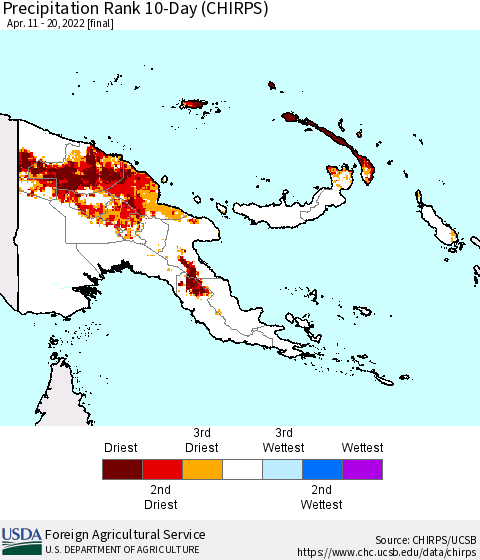 Papua New Guinea Precipitation Rank since 1981, 10-Day (CHIRPS) Thematic Map For 4/11/2022 - 4/20/2022