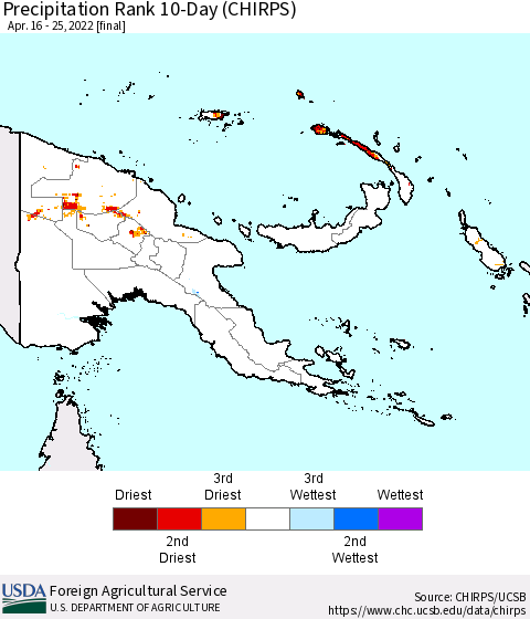 Papua New Guinea Precipitation Rank since 1981, 10-Day (CHIRPS) Thematic Map For 4/16/2022 - 4/25/2022