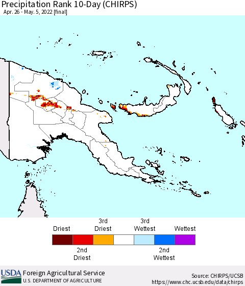 Papua New Guinea Precipitation Rank since 1981, 10-Day (CHIRPS) Thematic Map For 4/26/2022 - 5/5/2022