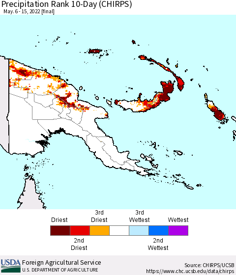 Papua New Guinea Precipitation Rank since 1981, 10-Day (CHIRPS) Thematic Map For 5/6/2022 - 5/15/2022