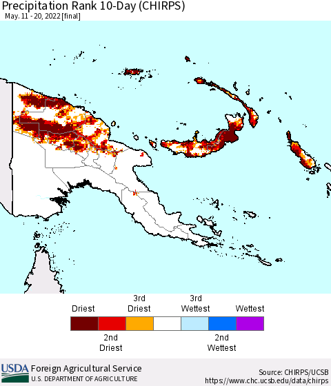 Papua New Guinea Precipitation Rank since 1981, 10-Day (CHIRPS) Thematic Map For 5/11/2022 - 5/20/2022