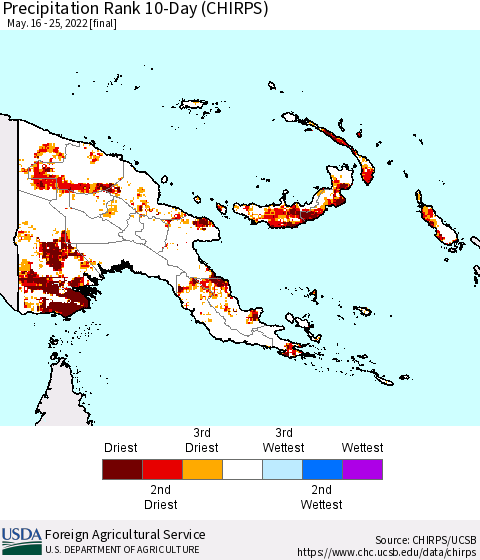 Papua New Guinea Precipitation Rank since 1981, 10-Day (CHIRPS) Thematic Map For 5/16/2022 - 5/25/2022