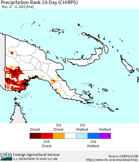 Papua New Guinea Precipitation Rank since 1981, 10-Day (CHIRPS) Thematic Map For 5/21/2022 - 5/31/2022