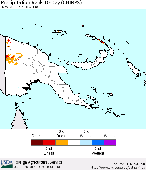Papua New Guinea Precipitation Rank since 1981, 10-Day (CHIRPS) Thematic Map For 5/26/2022 - 6/5/2022