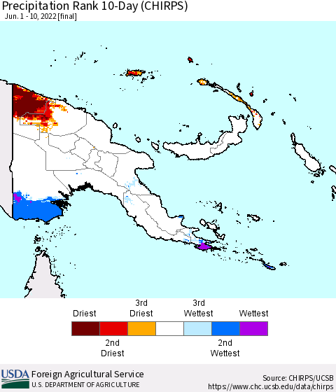 Papua New Guinea Precipitation Rank since 1981, 10-Day (CHIRPS) Thematic Map For 6/1/2022 - 6/10/2022