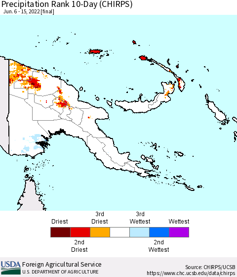Papua New Guinea Precipitation Rank since 1981, 10-Day (CHIRPS) Thematic Map For 6/6/2022 - 6/15/2022
