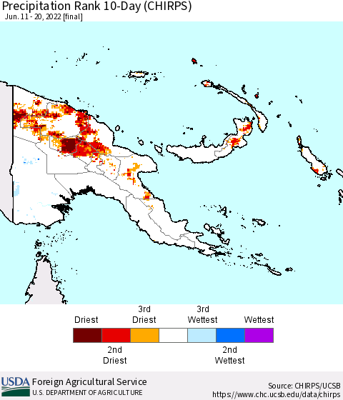 Papua New Guinea Precipitation Rank since 1981, 10-Day (CHIRPS) Thematic Map For 6/11/2022 - 6/20/2022