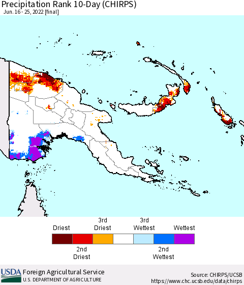 Papua New Guinea Precipitation Rank since 1981, 10-Day (CHIRPS) Thematic Map For 6/16/2022 - 6/25/2022