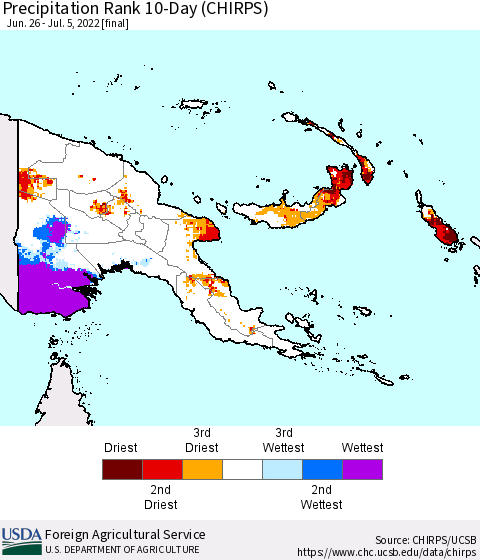 Papua New Guinea Precipitation Rank since 1981, 10-Day (CHIRPS) Thematic Map For 6/26/2022 - 7/5/2022