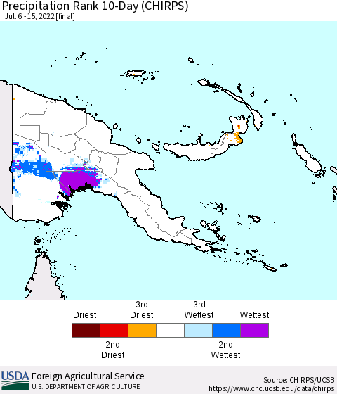 Papua New Guinea Precipitation Rank since 1981, 10-Day (CHIRPS) Thematic Map For 7/6/2022 - 7/15/2022