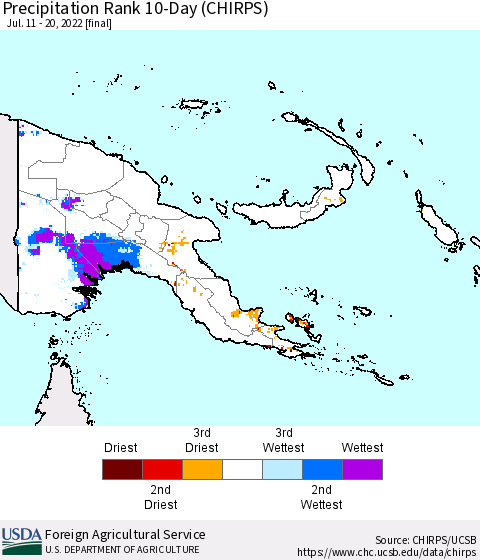 Papua New Guinea Precipitation Rank since 1981, 10-Day (CHIRPS) Thematic Map For 7/11/2022 - 7/20/2022