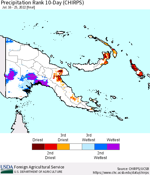 Papua New Guinea Precipitation Rank since 1981, 10-Day (CHIRPS) Thematic Map For 7/16/2022 - 7/25/2022