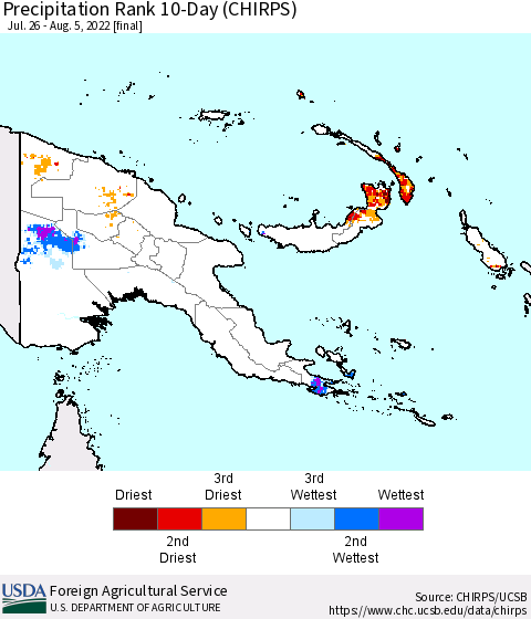 Papua New Guinea Precipitation Rank since 1981, 10-Day (CHIRPS) Thematic Map For 7/26/2022 - 8/5/2022