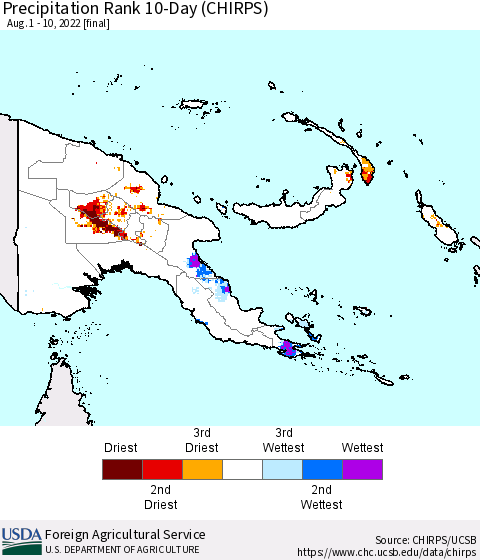 Papua New Guinea Precipitation Rank since 1981, 10-Day (CHIRPS) Thematic Map For 8/1/2022 - 8/10/2022