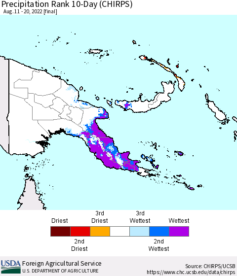 Papua New Guinea Precipitation Rank since 1981, 10-Day (CHIRPS) Thematic Map For 8/11/2022 - 8/20/2022