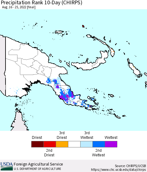 Papua New Guinea Precipitation Rank since 1981, 10-Day (CHIRPS) Thematic Map For 8/16/2022 - 8/25/2022