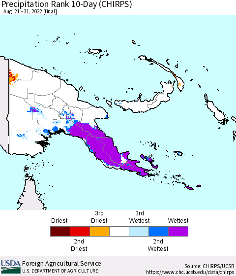 Papua New Guinea Precipitation Rank since 1981, 10-Day (CHIRPS) Thematic Map For 8/21/2022 - 8/31/2022