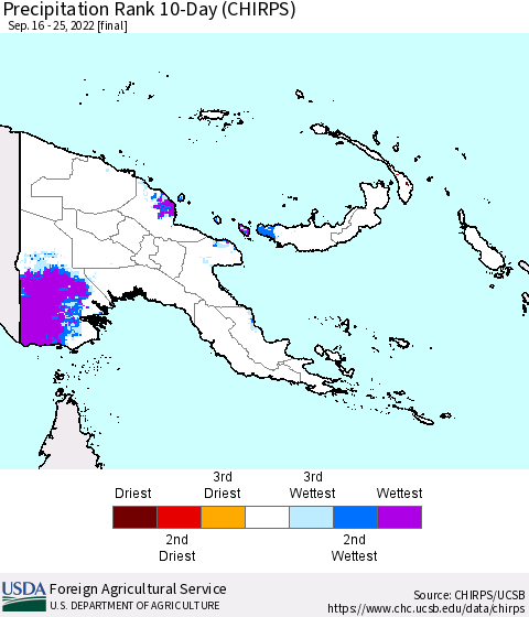 Papua New Guinea Precipitation Rank since 1981, 10-Day (CHIRPS) Thematic Map For 9/16/2022 - 9/25/2022