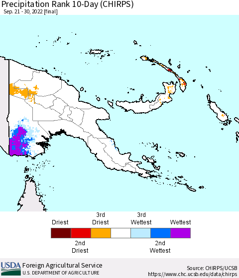 Papua New Guinea Precipitation Rank since 1981, 10-Day (CHIRPS) Thematic Map For 9/21/2022 - 9/30/2022