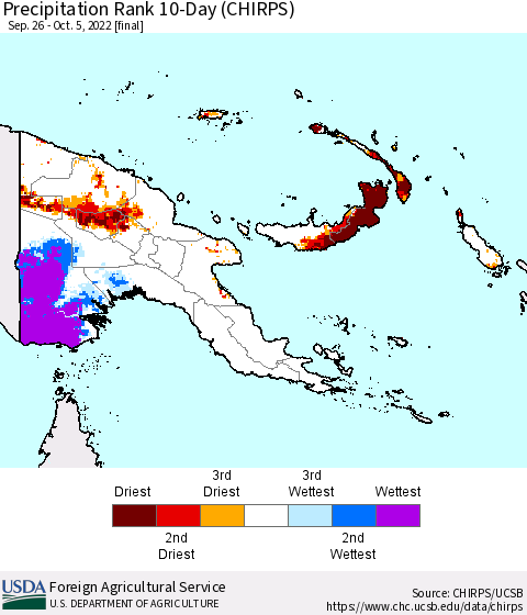 Papua New Guinea Precipitation Rank since 1981, 10-Day (CHIRPS) Thematic Map For 9/26/2022 - 10/5/2022