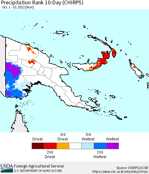 Papua New Guinea Precipitation Rank since 1981, 10-Day (CHIRPS) Thematic Map For 10/1/2022 - 10/10/2022