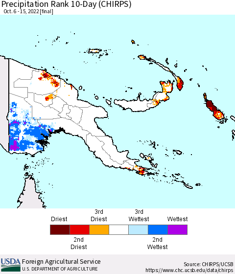 Papua New Guinea Precipitation Rank since 1981, 10-Day (CHIRPS) Thematic Map For 10/6/2022 - 10/15/2022