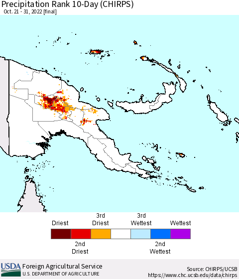 Papua New Guinea Precipitation Rank since 1981, 10-Day (CHIRPS) Thematic Map For 10/21/2022 - 10/31/2022