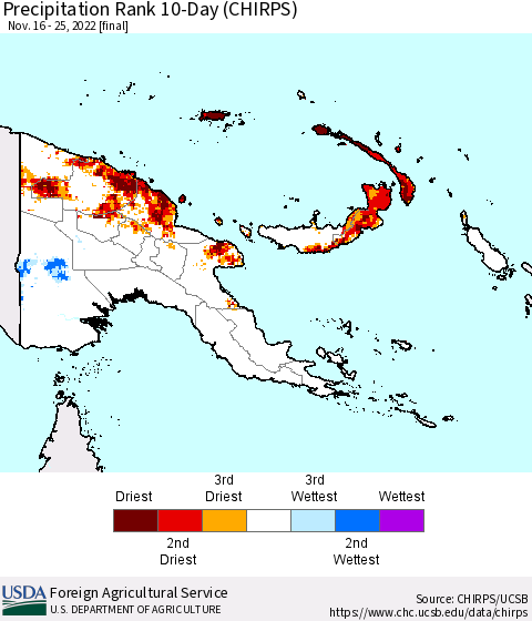 Papua New Guinea Precipitation Rank since 1981, 10-Day (CHIRPS) Thematic Map For 11/16/2022 - 11/25/2022