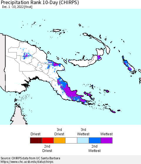 Papua New Guinea Precipitation Rank since 1981, 10-Day (CHIRPS) Thematic Map For 12/1/2022 - 12/10/2022